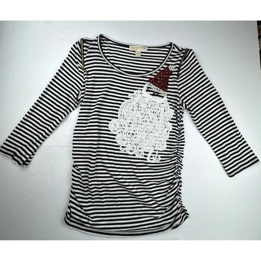 Michael Kors Womens Santa Striped Top M Cotton Holiday Sequin Christmas Shirt
